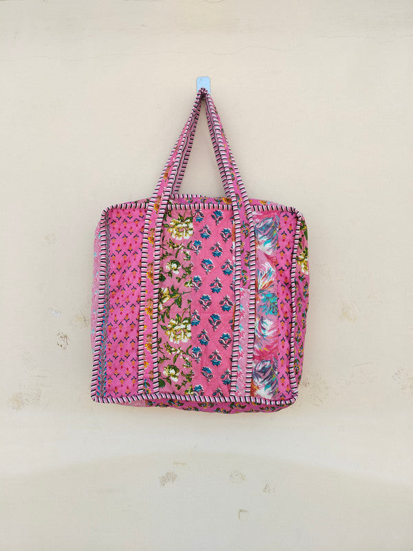 Quilted Cotton Handprinted Reversible Large Tote Bag Eco friendly Handmade Sturdy Grocery Shopping Artist Boho | Multi Color