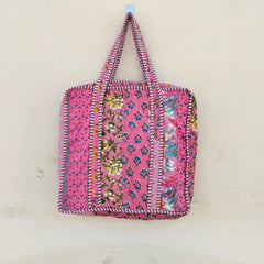 Quilted Cotton Handprinted Reversible Large Tote Bag Eco friendly Handmade Sturdy Grocery Shopping Artist Boho | Multi Color
