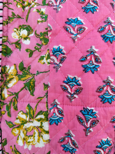 Quilted Cotton Handprinted Reversible Large Tote Bag Eco friendly Handmade Sturdy Grocery Shopping Artist Boho | Multi Color Gardenia Bloom - 6