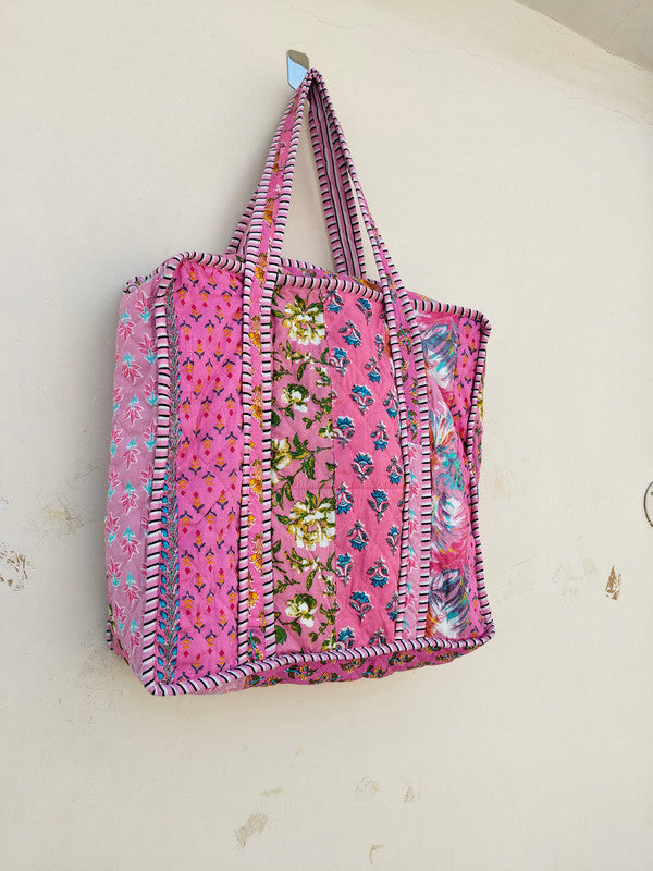 Quilted Cotton Handprinted Reversible Large Tote Bag Eco friendly Handmade Sturdy Grocery Shopping Artist Boho | Multi Color