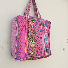 Quilted Cotton Handprinted Reversible Large Tote Bag Eco friendly Handmade Sturdy Grocery Shopping Artist Boho | Multi Color