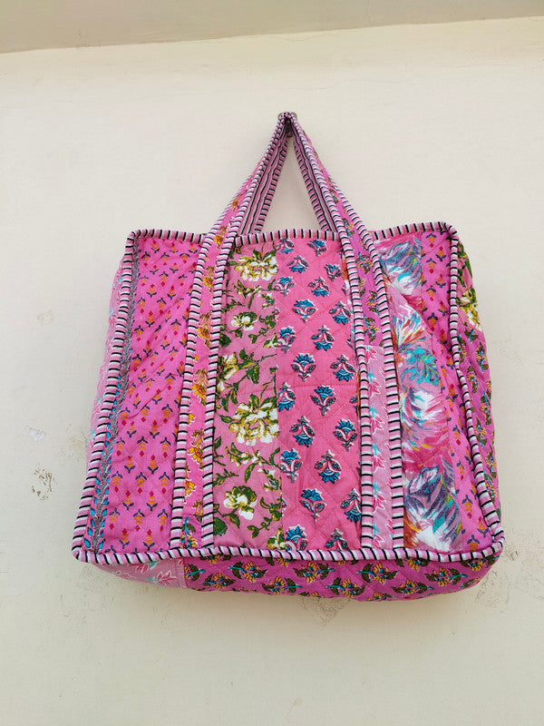 Quilted Cotton Handprinted Reversible Large Tote Bag Eco friendly Handmade Sturdy Grocery Shopping Artist Boho | Multi Color
