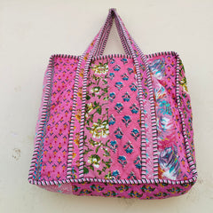 Quilted Cotton Handprinted Reversible Large Tote Bag Eco friendly Handmade Sturdy Grocery Shopping Artist Boho | Multi Color