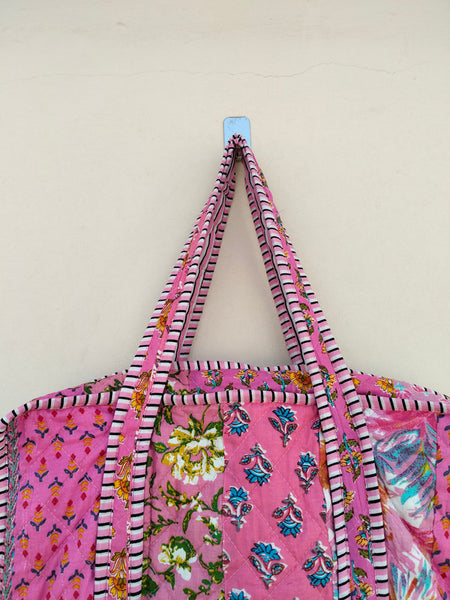 Quilted Cotton Handprinted Reversible Large Tote Bag Eco friendly Handmade Sturdy Grocery Shopping Artist Boho | Multi Color Gardenia Bloom - 1