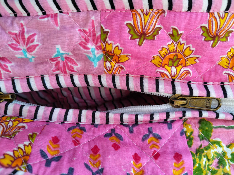 Quilted Cotton Handprinted Reversible Large Tote Bag Eco friendly Handmade Sturdy Grocery Shopping Artist Boho | Multi Color