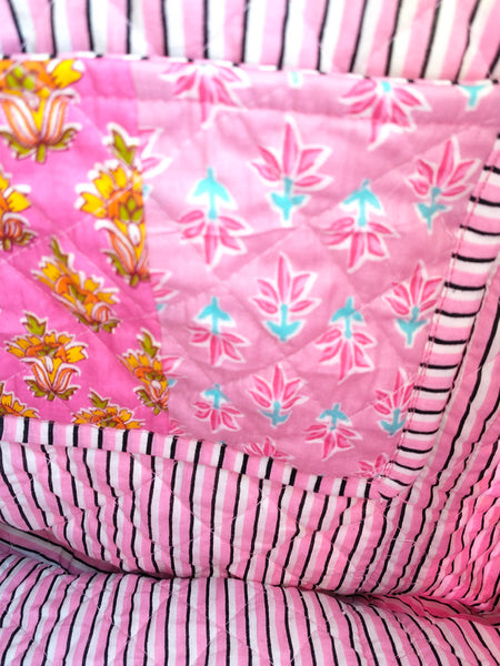 Quilted Cotton Handprinted Reversible Large Tote Bag Eco friendly Handmade Sturdy Grocery Shopping Artist Boho | Multi Color Gardenia Bloom - 1