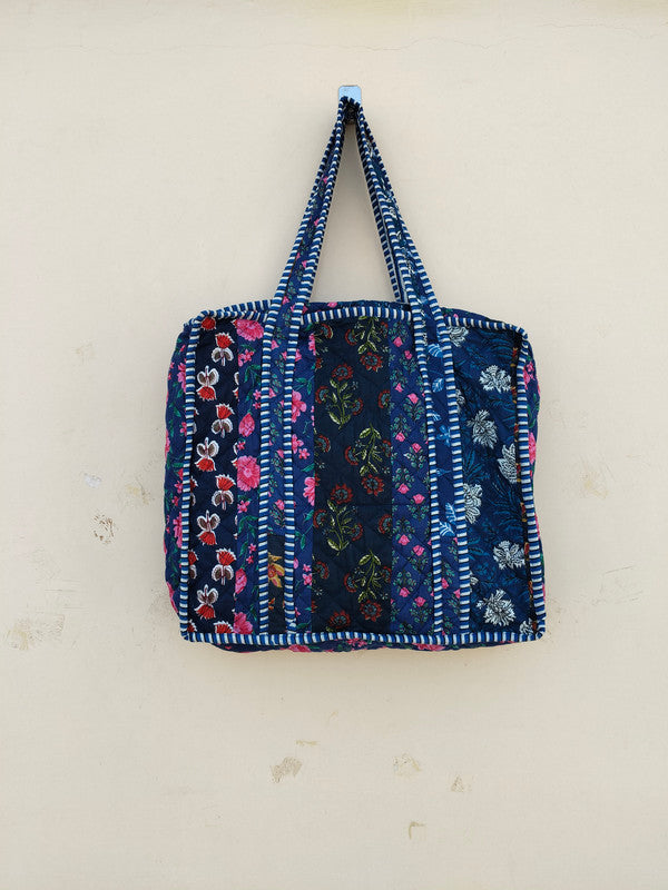 Quilted Cotton Handprinted Reversible Large Tote Bag Eco friendly Handmade Sturdy Grocery Shopping Artist Boho | Multi Color