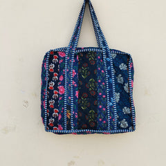 Quilted Cotton Handprinted Reversible Large Tote Bag Eco friendly Handmade Sturdy Grocery Shopping Artist Boho | Multi Color