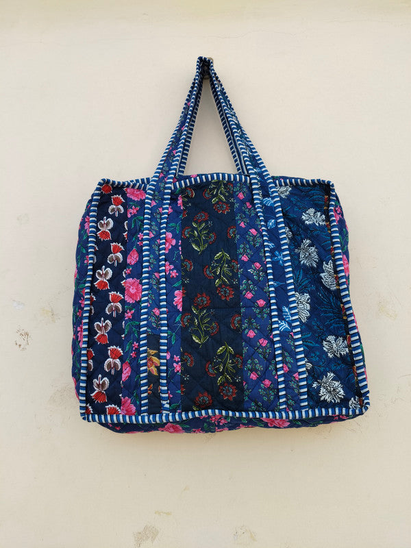 Quilted Cotton Handprinted Reversible Large Tote Bag Eco friendly Handmade Sturdy Grocery Shopping Artist Boho | Multi Color