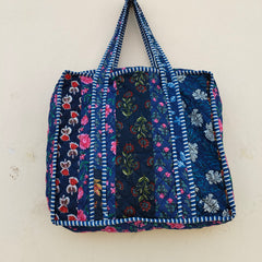 Quilted Cotton Handprinted Reversible Large Tote Bag Eco friendly Handmade Sturdy Grocery Shopping Artist Boho | Multi Color