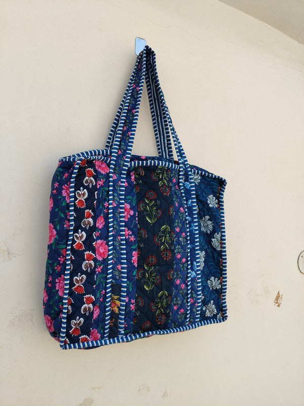 Quilted Cotton Handprinted Reversible Large Tote Bag Eco friendly Handmade Sturdy Grocery Shopping Artist Boho | Multi Color