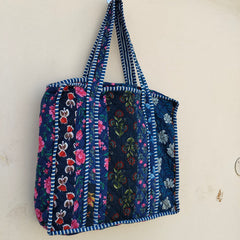 Quilted Cotton Handprinted Reversible Large Tote Bag Eco friendly Handmade Sturdy Grocery Shopping Artist Boho | Multi Color