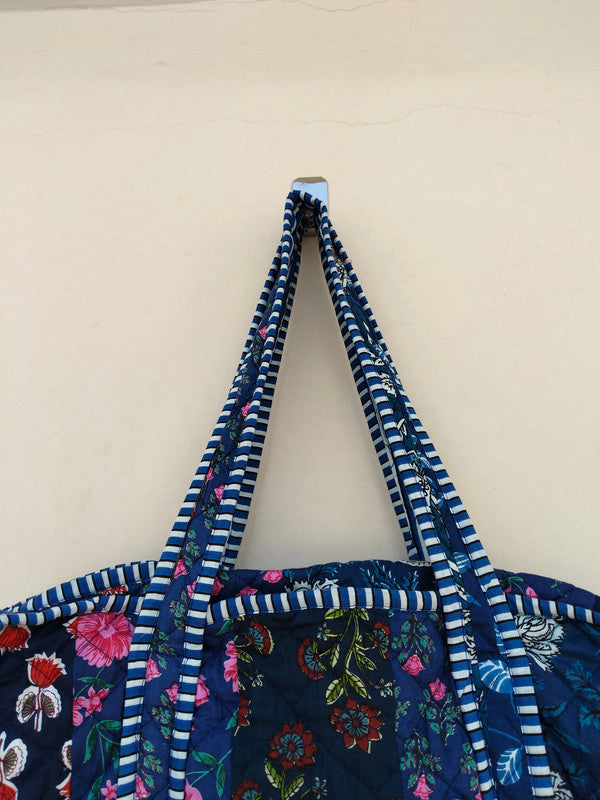 Quilted Cotton Handprinted Reversible Large Tote Bag Eco friendly Handmade Sturdy Grocery Shopping Artist Boho | Multi Color