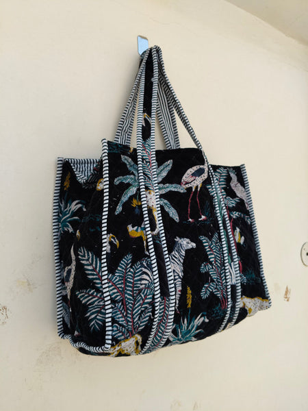 Velvet Green Jangal Printed Tote Reversible Large Tote Bag Eco friendly Sustainable Sturdy Grocery Shopping Handmade Boho bag