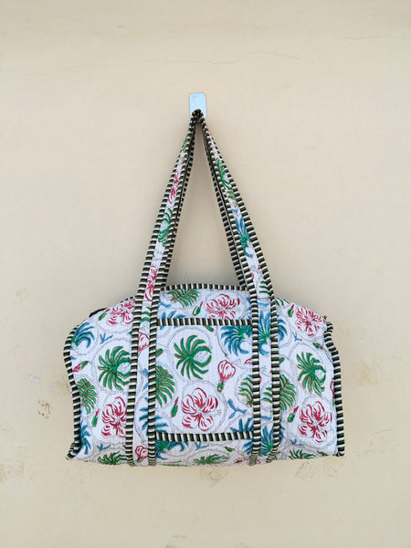 Quilted Cotton Handprinted Reversible Large Tote Bag Eco friendly Handmade Sturdy Grocery Shopping Artist Boho | Multi Color Gardenia Bloom - 3