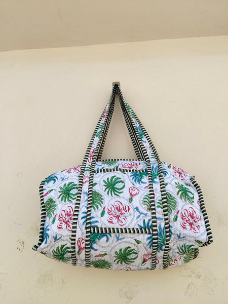 Quilted Cotton Handprinted Reversible Large Tote Bag Eco friendly Handmade Sturdy Grocery Shopping Artist Boho | Multi Color Gardenia Bloom - 3