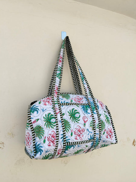 Quilted Cotton Handprinted Reversible Large Tote Bag Eco friendly Handmade Sturdy Grocery Shopping Artist Boho | Multi Color Gardenia Bloom - 3