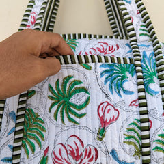 Quilted Cotton Handprinted Reversible Large Tote Bag Eco friendly Handmade Sturdy Grocery Shopping Artist Boho | Multi Color