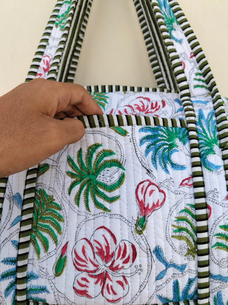 Quilted Cotton Handprinted Reversible Large Tote Bag Eco friendly Handmade Sturdy Grocery Shopping Artist Boho | Multi Color Gardenia Bloom - 3