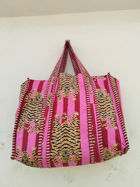 Quilted Cotton Handprinted Reversible Large Tote Bag Eco friendly Handmade Sturdy Grocery Shopping Artist Boho | Multi Color Gardenia Bloom - 2