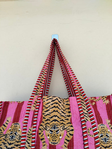 Quilted Cotton Handprinted Reversible Large Tote Bag Eco friendly Handmade Sturdy Grocery Shopping Artist Boho | Multi Color Gardenia Bloom - 2