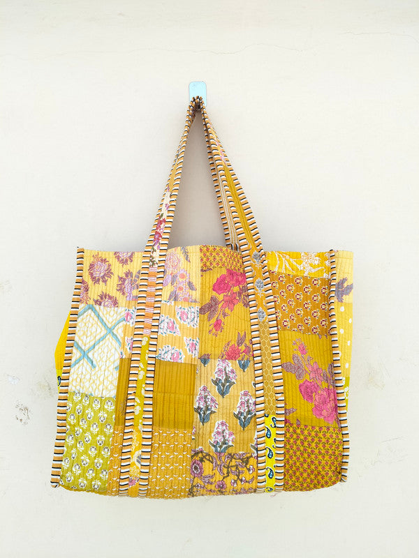 Quilted Cotton Handprinted Reversible Large Tote Bag Eco friendly Handmade Sturdy Grocery Shopping Artist Boho | Multi Color
