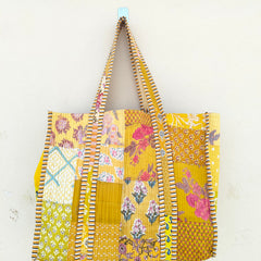 Quilted Cotton Handprinted Reversible Large Tote Bag Eco friendly Handmade Sturdy Grocery Shopping Artist Boho | Multi Color