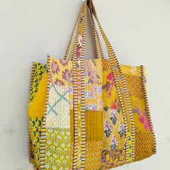 Quilted Cotton Handprinted Reversible Large Tote Bag Eco friendly Handmade Sturdy Grocery Shopping Artist Boho | Multi Color