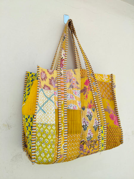 Quilted Cotton Handprinted Reversible Large Tote Bag Eco friendly Handmade Sturdy Grocery Shopping Artist Boho | Multi Color Gardenia Bloom - 4