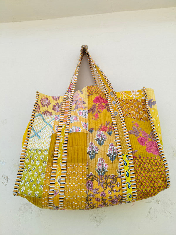 Quilted Cotton Handprinted Reversible Large Tote Bag Eco friendly Handmade Sturdy Grocery Shopping Artist Boho | Multi Color