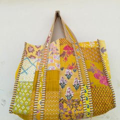 Quilted Cotton Handprinted Reversible Large Tote Bag Eco friendly Handmade Sturdy Grocery Shopping Artist Boho | Multi Color
