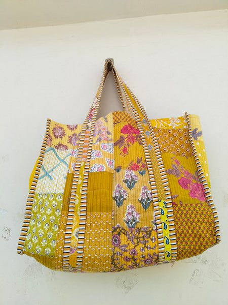 Quilted Cotton Handprinted Reversible Large Tote Bag Eco friendly Handmade Sturdy Grocery Shopping Artist Boho | Multi Color Gardenia Bloom - 4