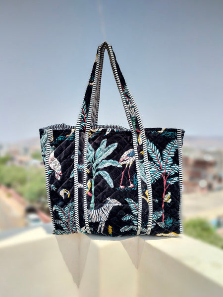 Velvet Green Jangal Printed Tote Reversible Large Tote Bag Eco friendly Sustainable Sturdy Grocery Shopping Handmade Boho bag