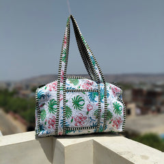 Quilted Cotton Handprinted Reversible Large Tote Bag Eco friendly Handmade Sturdy Grocery Shopping Artist Boho | Multi Color