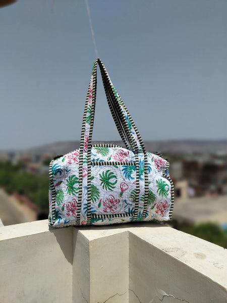 Quilted Cotton Handprinted Reversible Large Tote Bag Eco friendly Handmade Sturdy Grocery Shopping Artist Boho | Multi Color Gardenia Bloom - 3