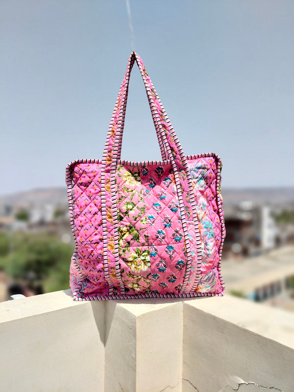 Quilted Cotton Handprinted Reversible Large Tote Bag Eco friendly Handmade Sturdy Grocery Shopping Artist Boho | Multi Color