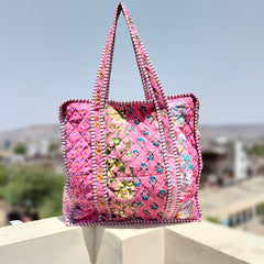 Quilted Cotton Handprinted Reversible Large Tote Bag Eco friendly Handmade Sturdy Grocery Shopping Artist Boho | Multi Color