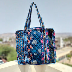 Quilted Cotton Handprinted Reversible Large Tote Bag Eco friendly Handmade Sturdy Grocery Shopping Artist Boho | Multi Color