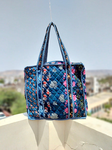 Quilted Cotton Handprinted Reversible Large Tote Bag Eco friendly Handmade Sturdy Grocery Shopping Artist Boho | Multi Color Gardenia Bloom - 5