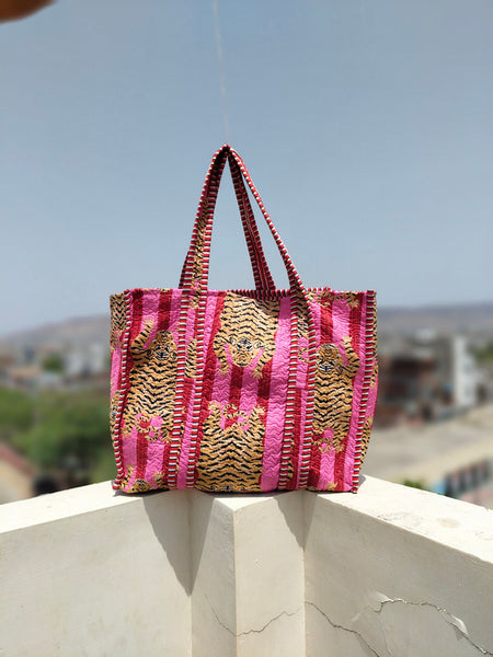 Quilted Cotton Handprinted Reversible Large Tote Bag Eco friendly Handmade Sturdy Grocery Shopping Artist Boho | Multi Color Gardenia Bloom - 2