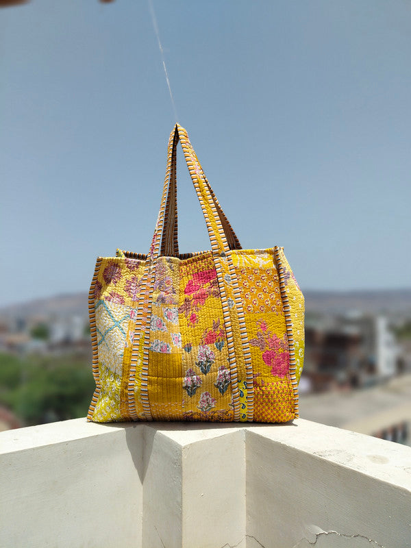 Quilted Cotton Handprinted Reversible Large Tote Bag Eco friendly Handmade Sturdy Grocery Shopping Artist Boho | Multi Color