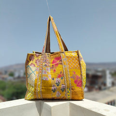 Quilted Cotton Handprinted Reversible Large Tote Bag Eco friendly Handmade Sturdy Grocery Shopping Artist Boho | Multi Color