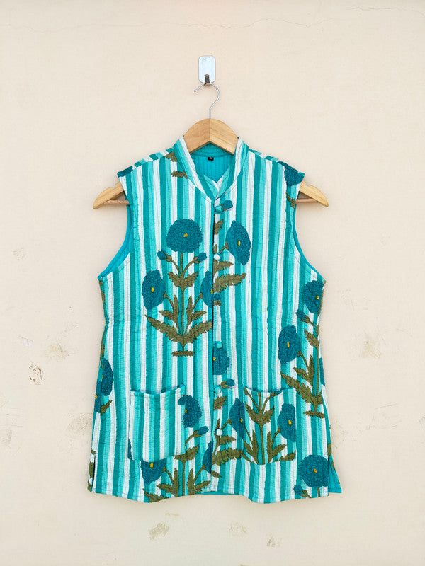 Cotton Handcrafted Kantha Jacket Print Patchwork Women's Quilted Reversible Coat, Kimono Indian Hand Block Printed Vintage Style Boho Vest Autumn Gift for her - 9