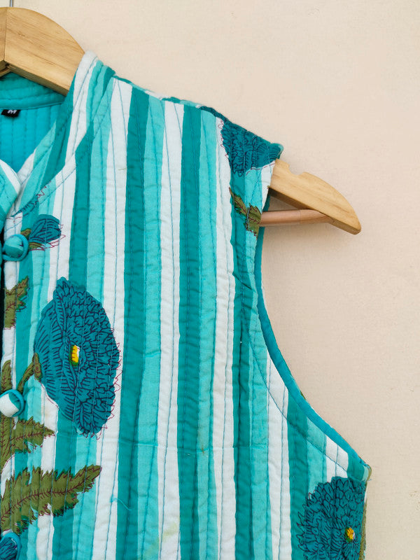 Cotton Handcrafted Kantha Jacket Print Patchwork Women's Quilted Reversible Coat, Kimono Indian Hand Block Printed Vintage Style Boho Vest Autumn Gift for her - 9