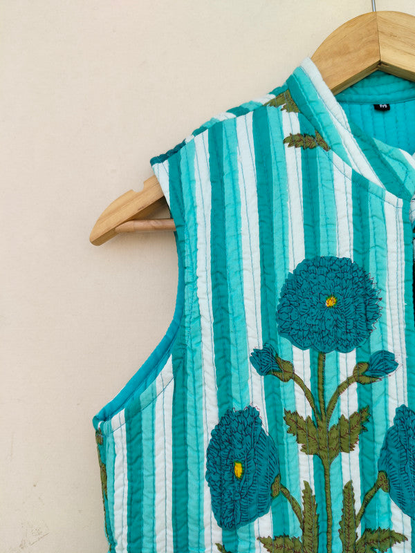 Cotton Handcrafted Kantha Jacket Print Patchwork Women's Quilted Reversible Coat, Kimono Indian Hand Block Printed Vintage Style Boho Vest Autumn Gift for her - 9