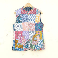 Cotton Handcrafted Kantha Jacket Print Patchwork Women's Quilted Reversible Coat, Kimono Indian Hand Block Printed Vintage Style Boho Vest Autumn Gift for her - 8