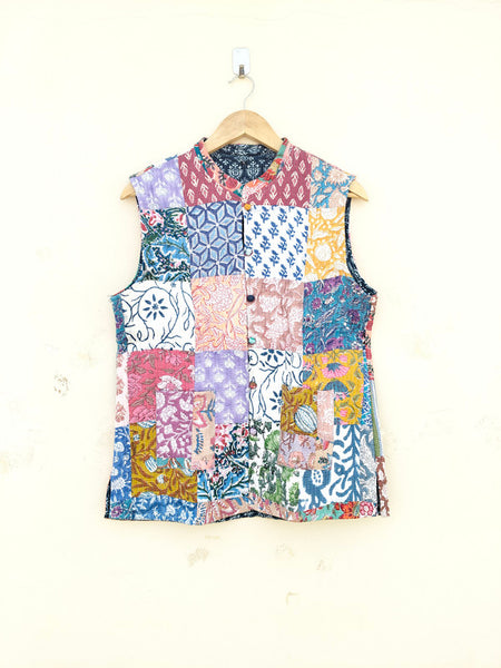 Cotton Handcrafted Kantha Jacket Print Patchwork Women's Quilted Reversible Coat, Kimono Indian Hand Block Printed Vintage Style Boho Vest Autumn Gift for her - 8