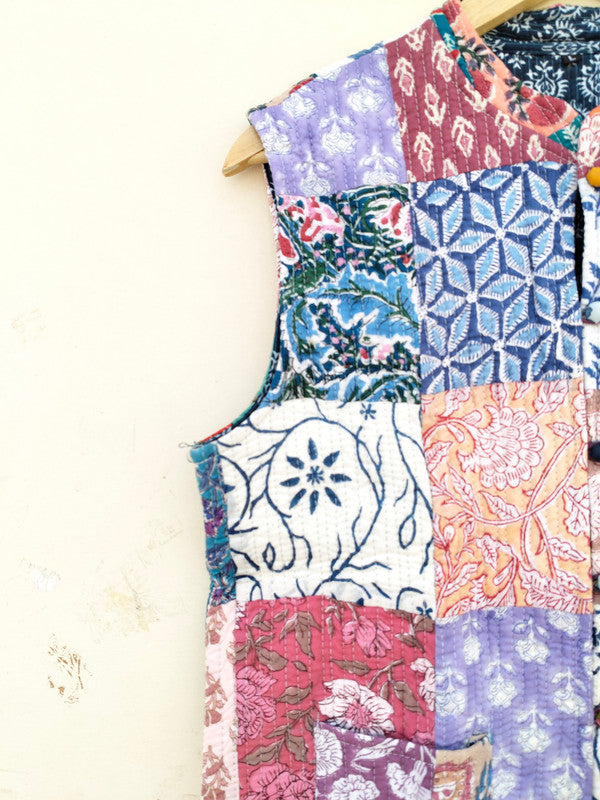 Cotton Handcrafted Kantha Jacket Print Patchwork Women's Quilted Reversible Coat, Kimono Indian Hand Block Printed Vintage Style Boho Vest Autumn Gift for her - 8