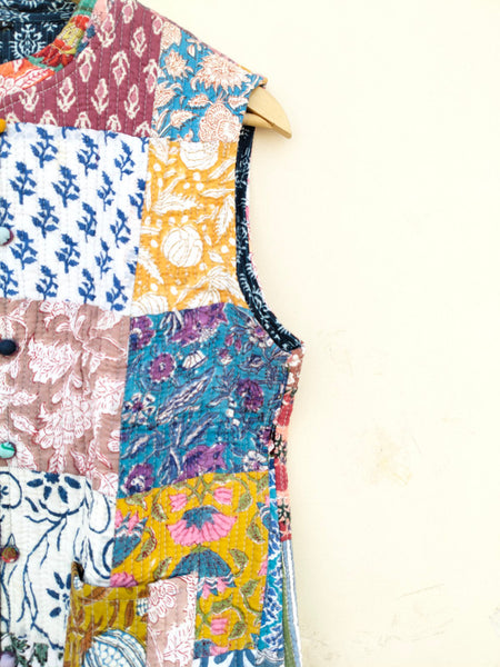 Cotton Handcrafted Kantha Jacket Print Patchwork Women's Quilted Reversible Coat, Kimono Indian Hand Block Printed Vintage Style Boho Vest Autumn Gift for her - 8