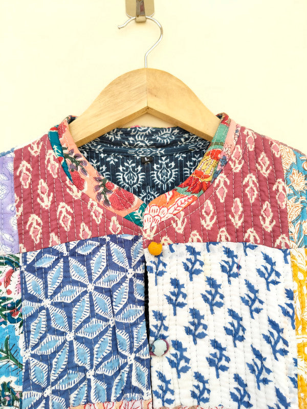 Cotton Handcrafted Kantha Jacket Print Patchwork Women's Quilted Reversible Coat, Kimono Indian Hand Block Printed Vintage Style Boho Vest Autumn Gift for her - 8